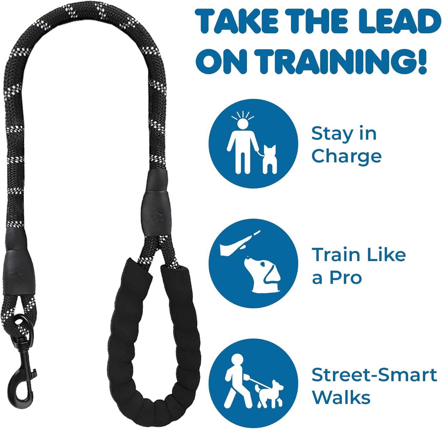 2 ft Dog Rope Leash, Large Dog Training Tool with Padded Handle & Heavy-Duty Metal Clasp, Reflective, Lightweight & Travel