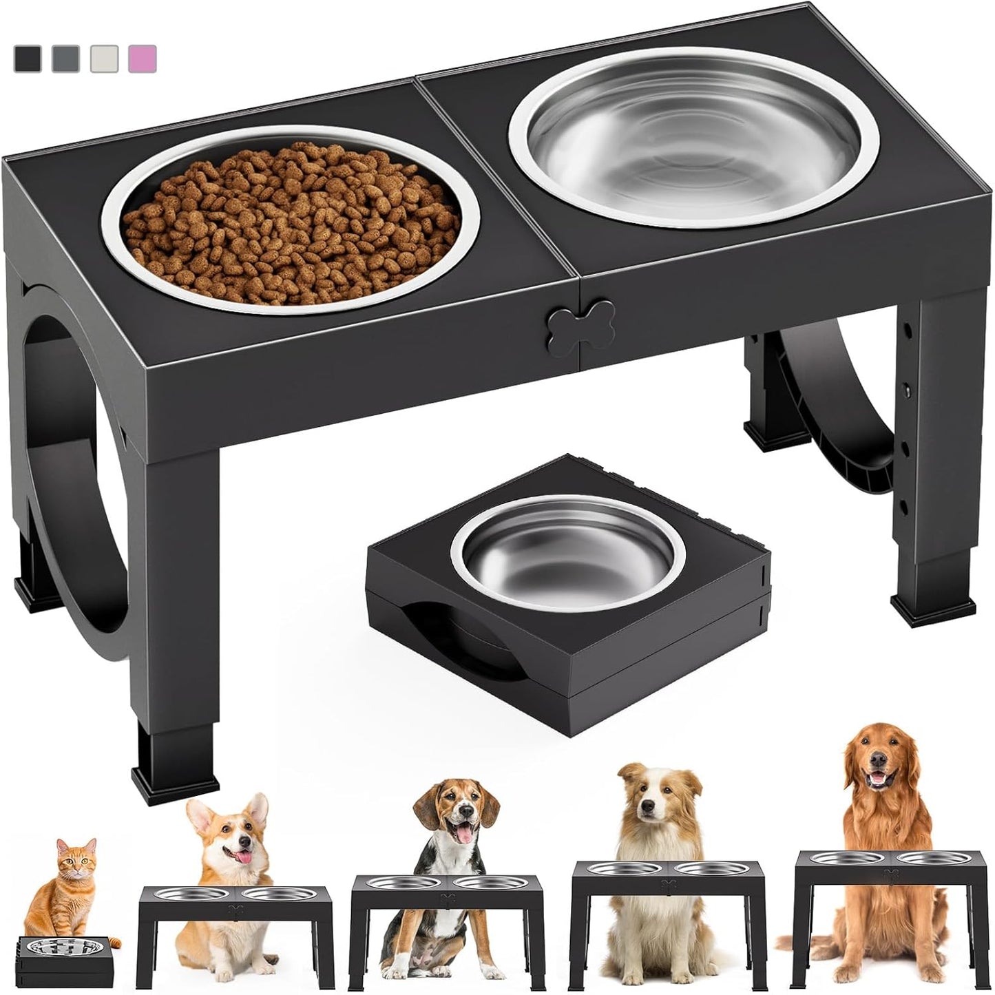 Elevated Dog Bowls Large Breed Raised Dogs Bowl Stand Large/Medium Sized Dog Stainless Steel Food Water Bowl Stands 5 Heights Adjustable