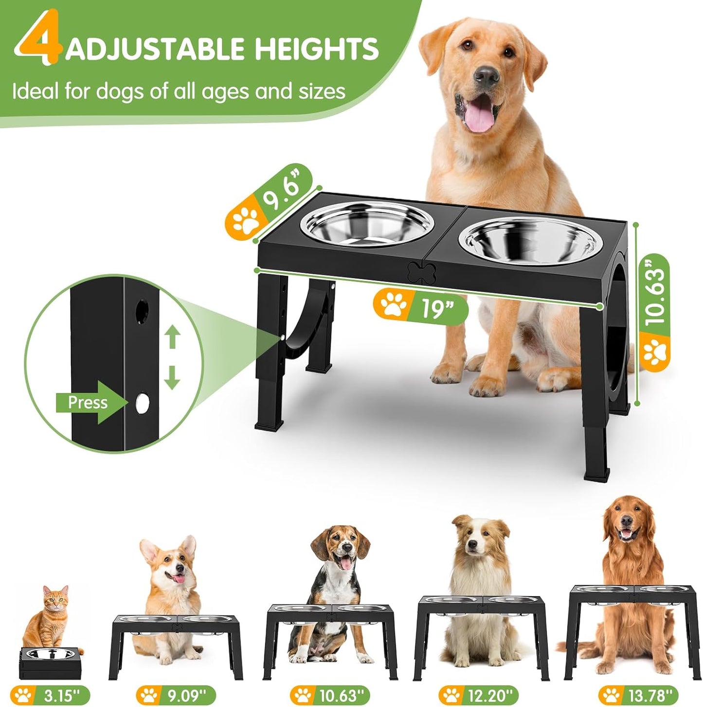 Elevated Dog Bowls Large Breed Raised Dogs Bowl Stand Large/Medium Sized Dog Stainless Steel Food Water Bowl Stands 5 Heights Adjustable