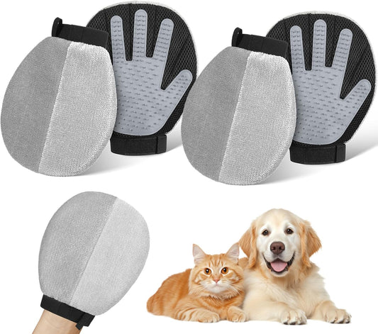 2 Pack Pet Hair Removal Gloves, Dual-Side Electrostatic Hair Removal & Silicone Fur Brush for Dogs and Cats, Reusable Five